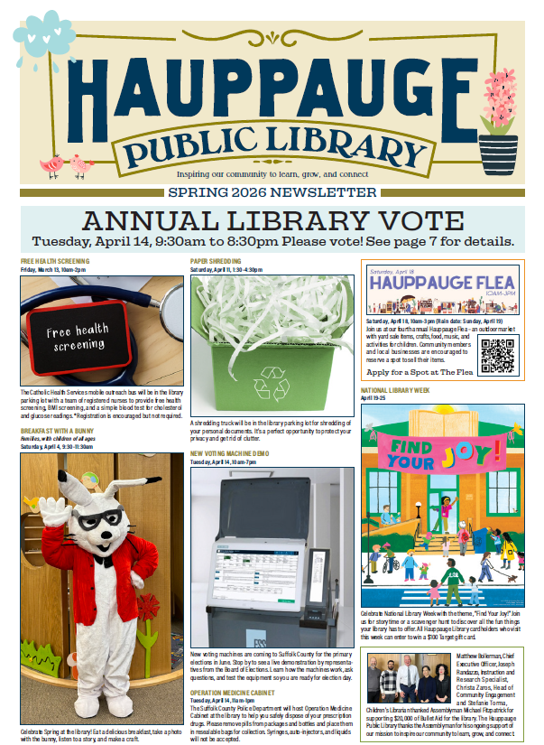 cover of Hauppauge Public Library spring 2026 newsletter